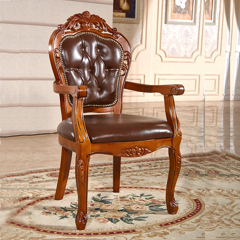 European Solid Wood Leather Dining Chair, Hotel Coffee Chairs, Study Armchairs, Classic Desk Chairs