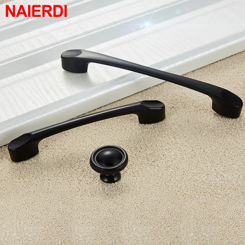 NAIERDI-tiradores de armario de estilo americano, pomos de aleación de aluminio sólido, tiradores de cajón, herrajes para muebles, color negro