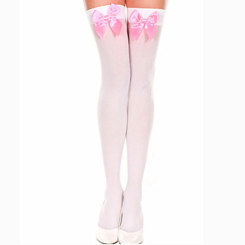 Bas de costume d\'Halloween pour femmes, chaussettes à nœud, nylon, blanc, rose, noir, rouge, au-dessus du genou, filles, cuisse haute sexy, mode