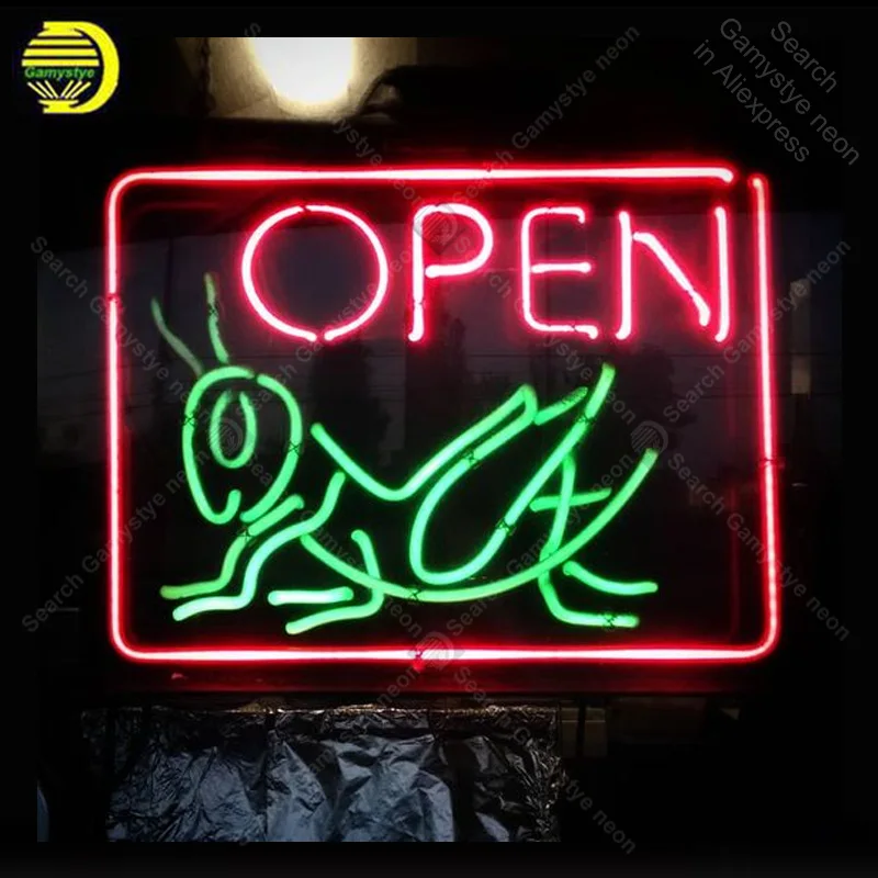 

Neon Sign for Open grasshopper neon Light Sign illuminated Beer Bar Pub Sign real glass Tubes Handcrafted Neon signs Fill Gas