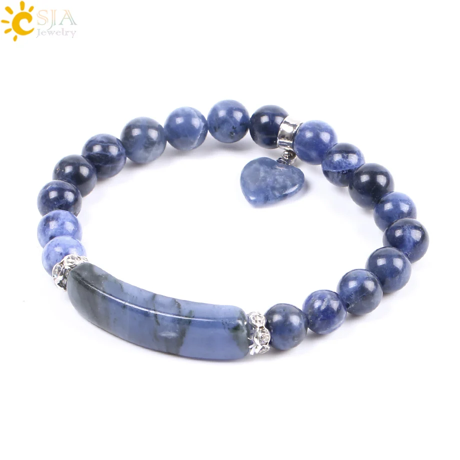 CSJA Natural Stone Sodalite Bracelets Beaded Bracelet for Women Men Love Heart Blue Beads Stretch Healing Buddhist Prayer F109