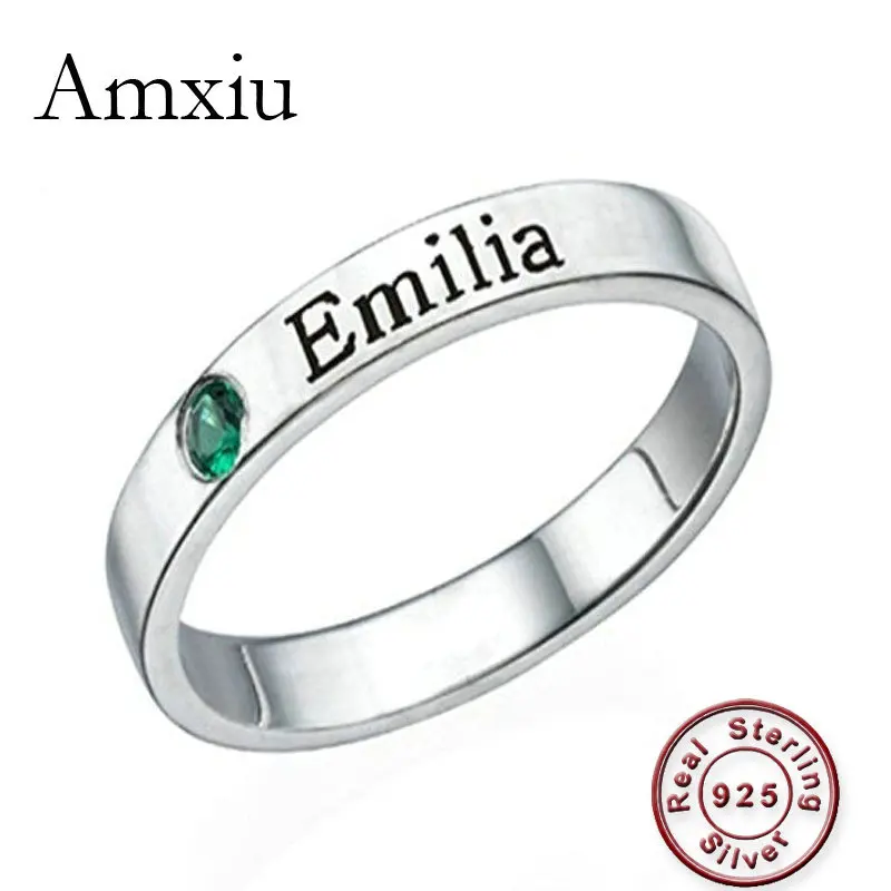 Amxiu Customized 925 Sterling Silver Ring Personalized Birthstone Promise Ring with Name Custom Zircon Jewelry For Women Lovers