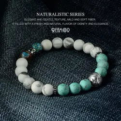 REAMOR White Blue Turquoises Natural Stone Elastic Bracelet Stainless Steel Round Ball Beaded Bracelets Unisex Jewelry