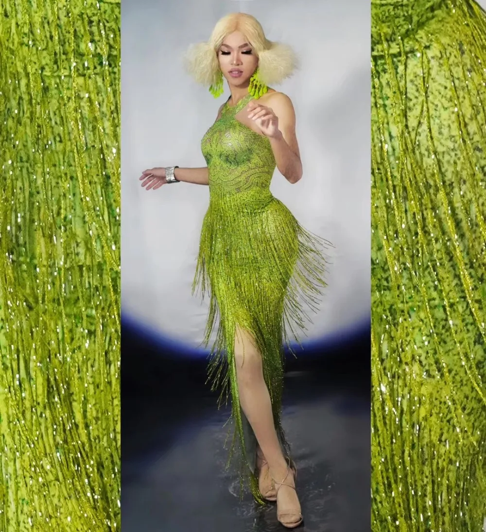 

2020 Women New Sexy Green Tassel Long Dress Sparkle Crystals Nightclub Birthday Party Stage Wear Bling Costumes Dresses