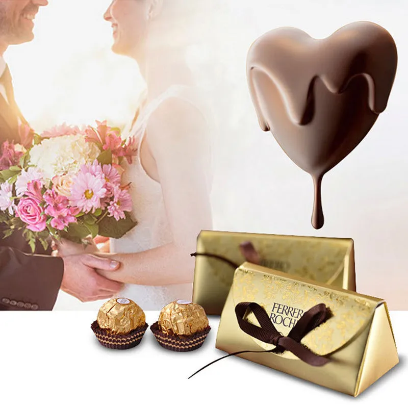 1000pcs/lot New design Gold Paper Candy Boxes Chocolate Box for Guest Wedding Favor Gift Sweet Box with Ribborns