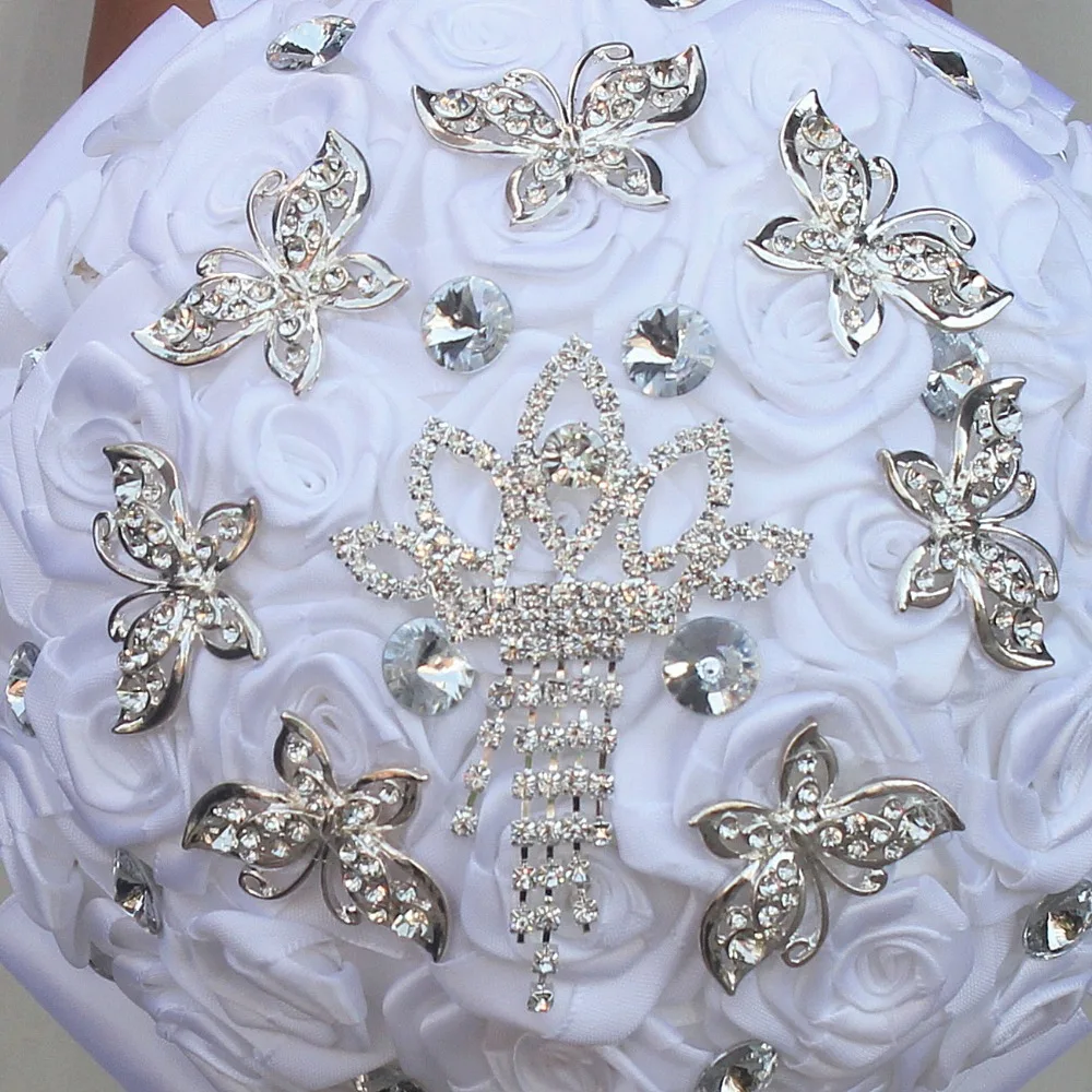 WifeLai-A Handmade Butterfly Crystal Brooch Silk Bridal Wedding Bouquets White Stunning Diamonds Artificial Flower Bouquets W122