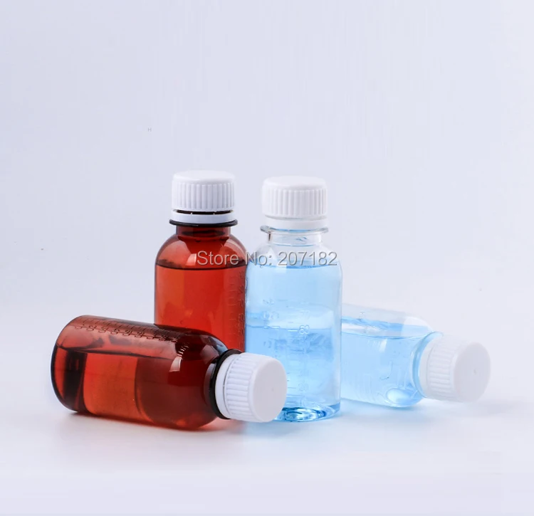 100PCS 100ml PET Liquid Bottle With Scale, Plastic Medicine Bottle, Pill Bottles--- Brown/Transparent 2 Colors Safety Screw Cap