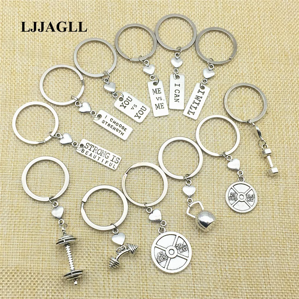 12pcs Rhodium Silver Metal Diy Car DIY Keychains Vintage Sports Charm Fitness Tag Kettle bell dumbbell Logo Key Chains Diy