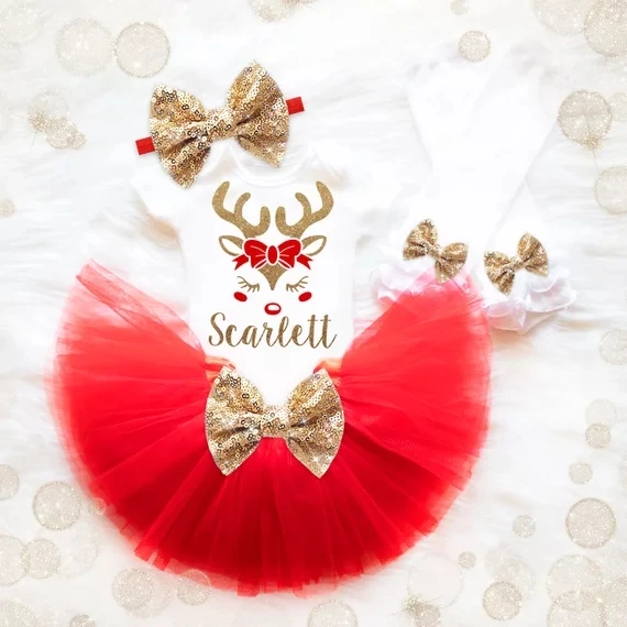 personalize Reindeer Chirstmas Birthday Outfit sets, kids bodysuit onepiece Tutu t shirt legwarmers toodles Outfit set