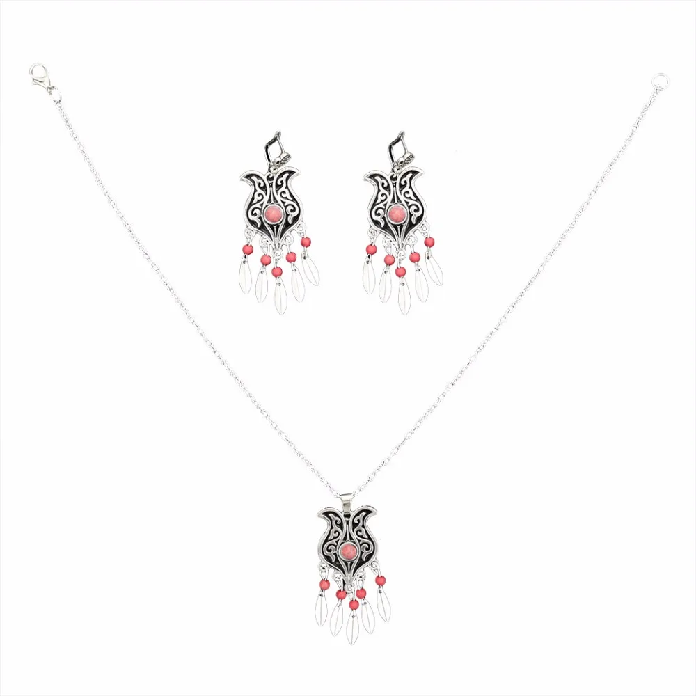 Boho Gypsy Vintage Metal Carved Flower Red Green Beads Leaf Tassel Turkish Necklaces Earrings Sets Indian Jewelry Sets for Women