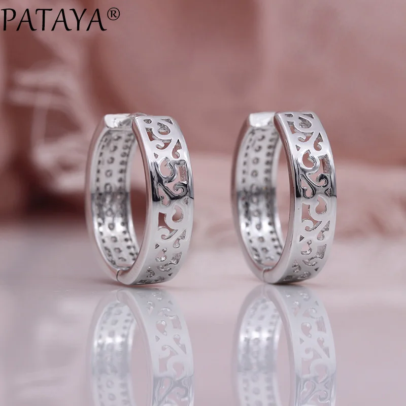 PATAYA New Hollow Round Earrings Women Fashion Fine Wedding Party Jewelry 585 Rose Gold Color Natural Zircon Dangle Big Earrings