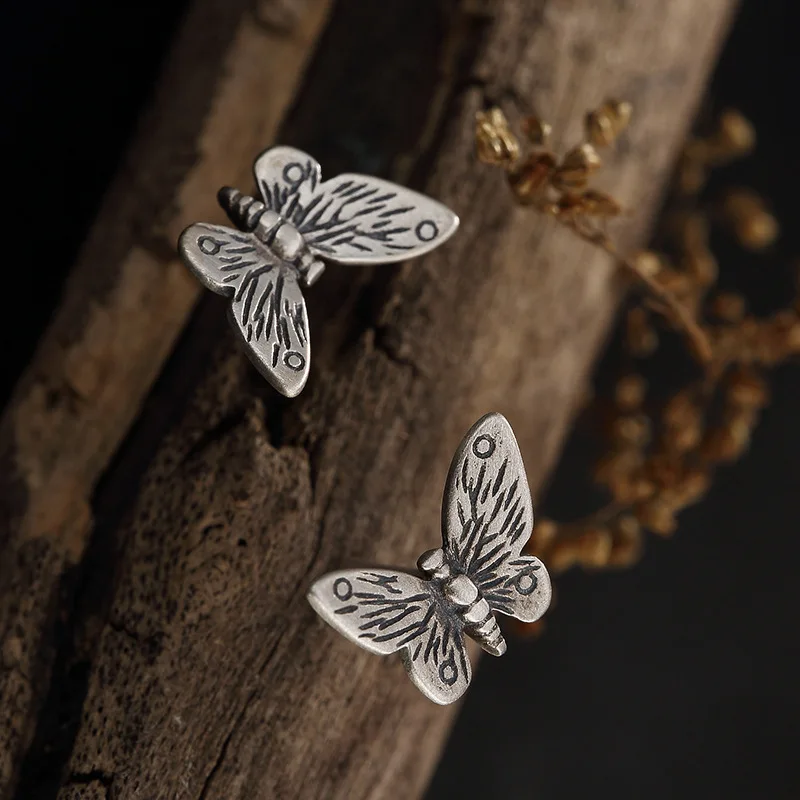 S925 Silver Matte Ethnic Wind Butterfly Wholesale Old Baitao High-end Women's Earrings