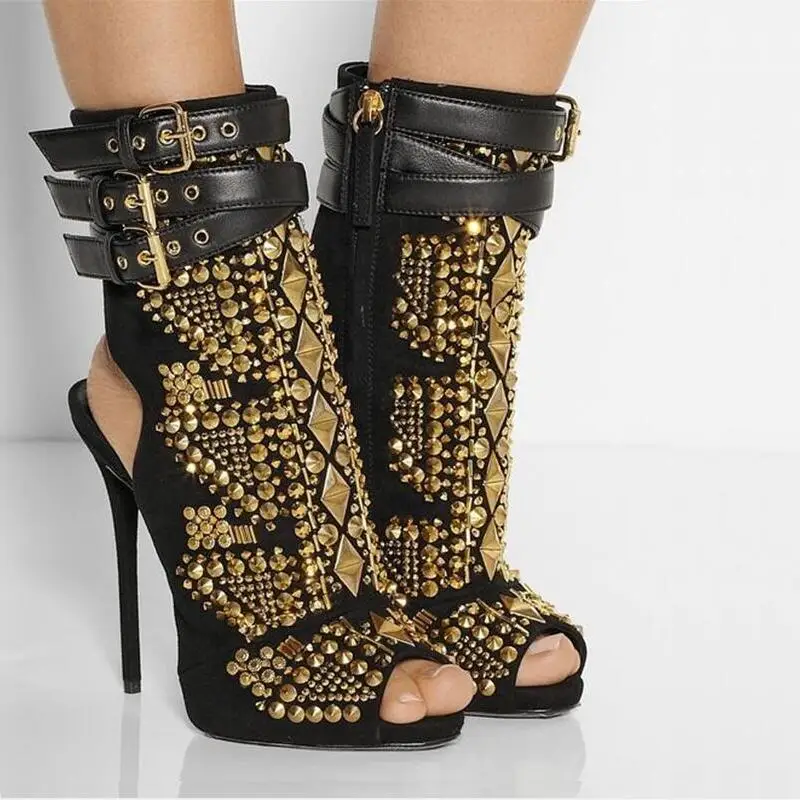 Emma King Fashion Gladiator Sandals Summer Boots Thin High Heels Fashion Women Shoes Open Toe Buckle Punk Rivet Stud Ankle Boots