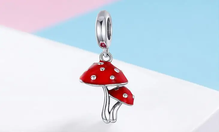 New Hot Sale 100% 925 Sterling Silver Red Sweet Mushroom Shaped Pendant Charms Necklace for Women Jewelry Gifts Making