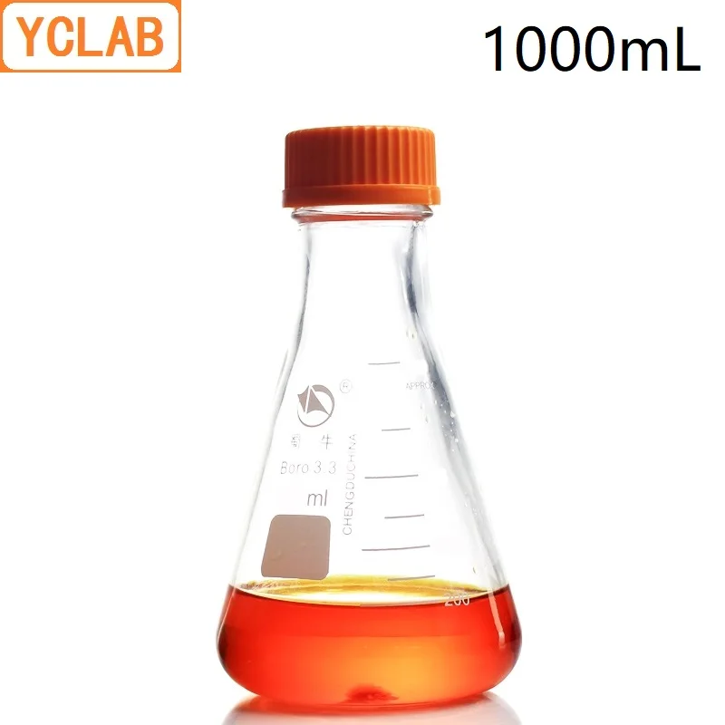 YCLAB 1000mL Erlenmeyer Flask 1L Screw Mouth with Cap Lid Borosilicate 3.3 Glass Conical Triangle Laboratory Chemistry Equipment