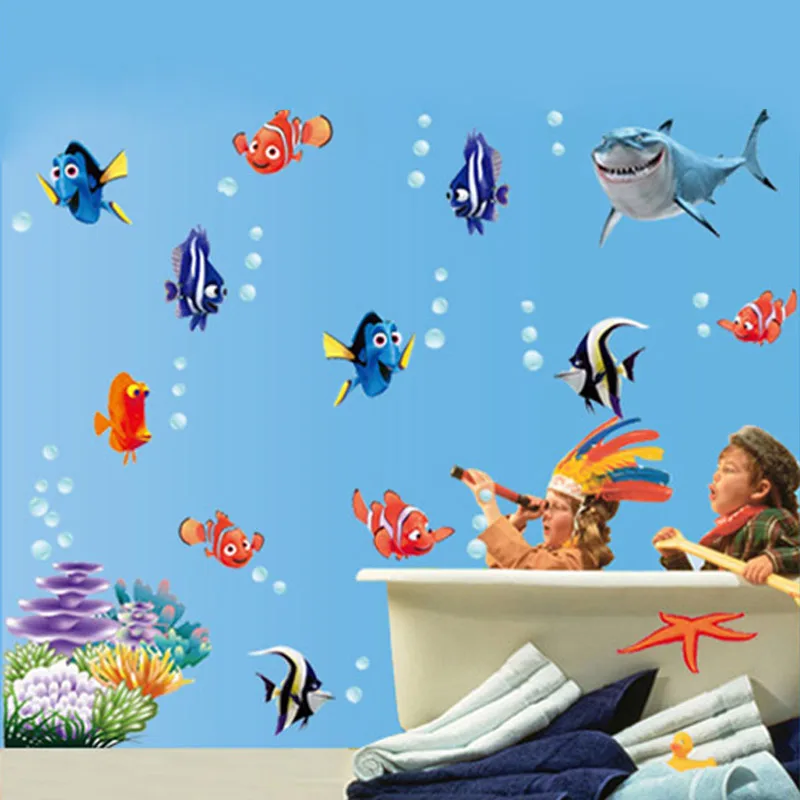 Autocollant mural NEMO à bulles de poisson de fond de mer, autocollant mural de dessin animé pour les chambres d\'enfants, décor de salle de bains,