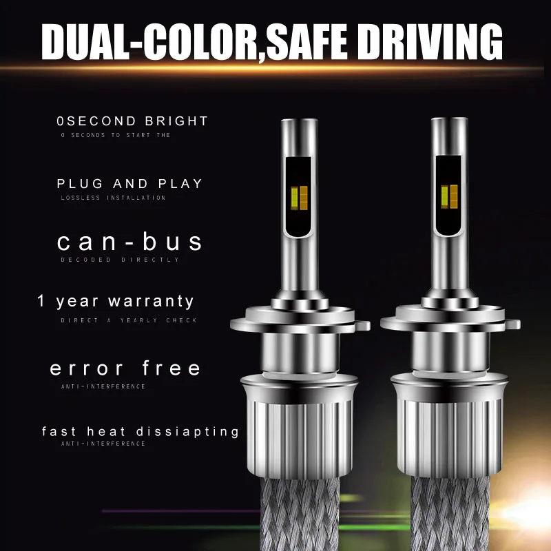 2PCS 3-Color Car Light H1 H7 LED Headlight Bulbs H4 H8 H9 H11 9005 HB3 HB4 9006 H3 881 Led Auto Fog Lamp 20000LM Automobile 12V