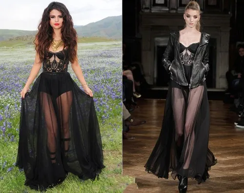 

Sexy Amazing Black A-Line Selena Gomez Celebrity Dresses Sweetheart Sheer Bodice Appliques Lace Embellished Chiffon Prom Gowns