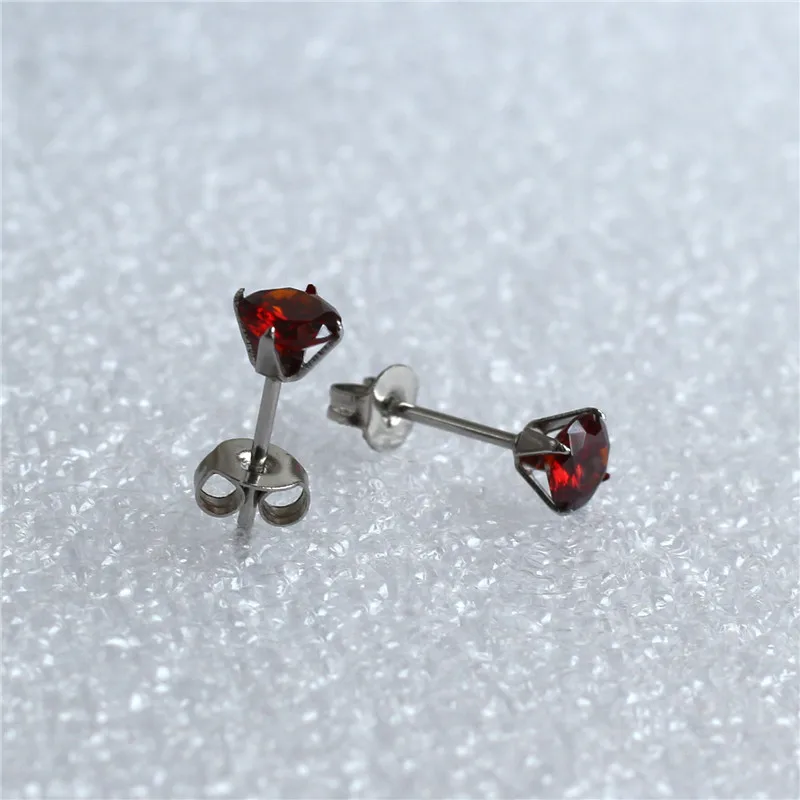 Pomegranate Red Zircon Stud Earrings Stainless Steel IP Planting 5mm Round