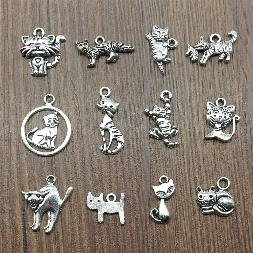 20pcs Cat Pendant Charms Antique Silver Color Small Cat Charms Jewelry DIY Cat Charms For Bracelet Making