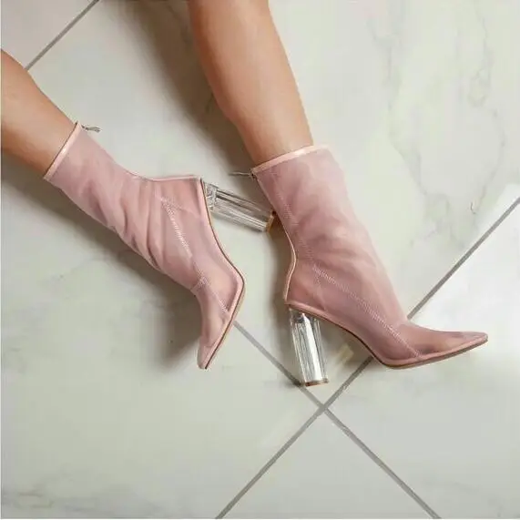 

Elegant Pink Mesh Women Ankle Boots Pointed Toe Clear Transparent Square Heels Runway Boots Back Zipper See Throuth Ladies Shoes