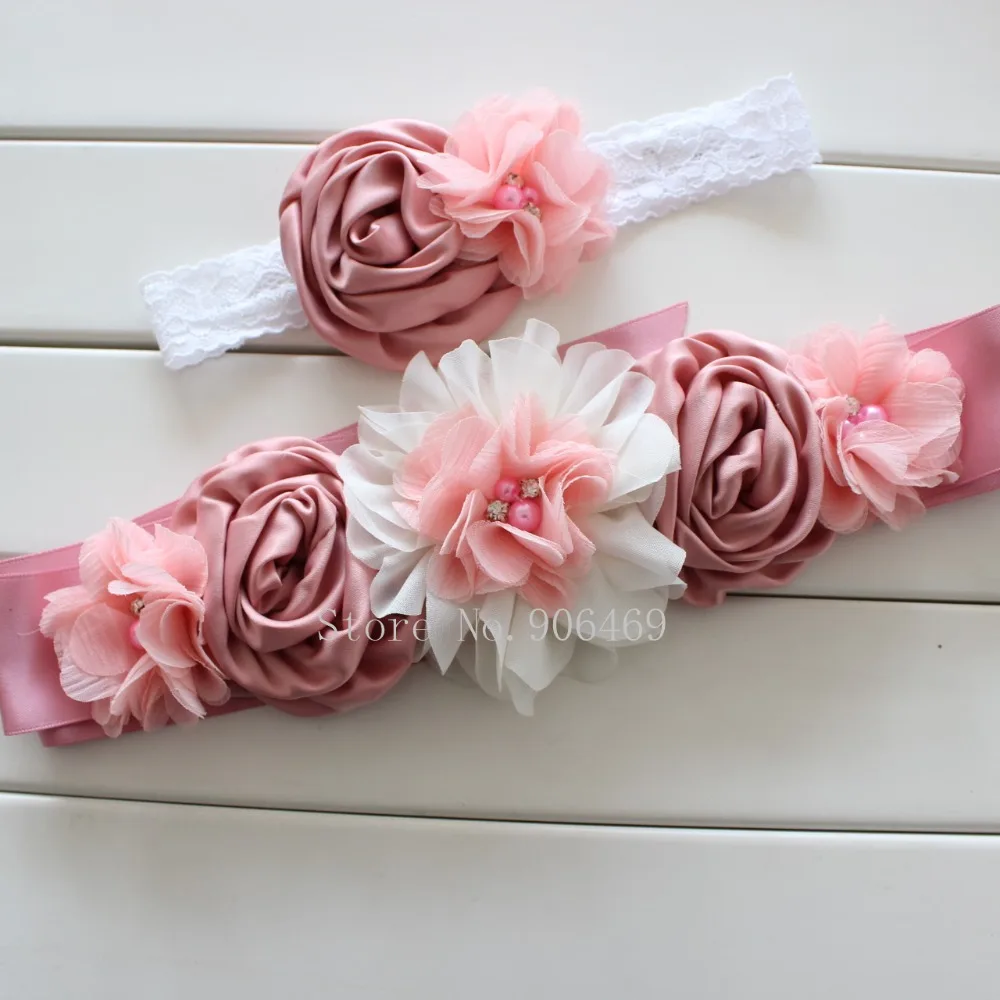 Cinturón de flores rosa/Marfil Vintage para niña y mujer, faja de boda, cinturón con diadema de flores