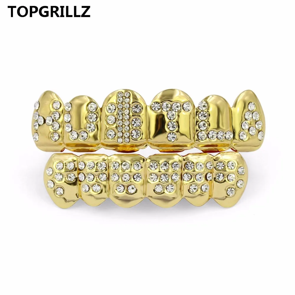 TOPGRILLZ Gold Color Plated Iced Out Letter CZ Stone Hip Hop Teeth For Mouth GRILLZ Caps Top & Bottom Grills Set Classic tooth