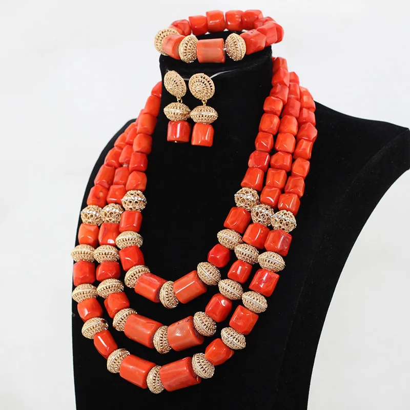 New African Big Coral Beads Jewelry Set Fabulous Traditional Wedding Quality Real Coral Costume Women Necklace Set Gift ABH583