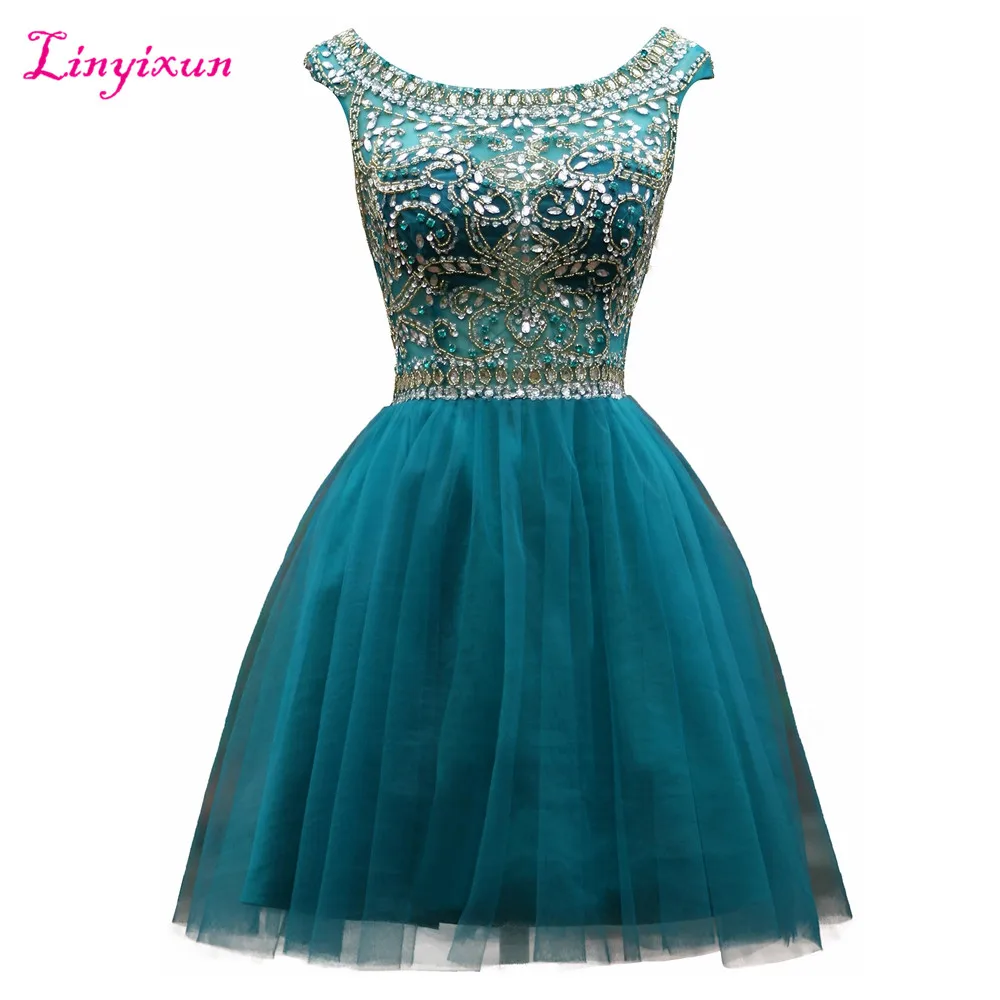 

Linyixun Real Photo Crystals Beading Homecoming Dresses Cap Sleeves Scoop Neck Tulle Short Prom Dresses Luxury Cocktail Dresses