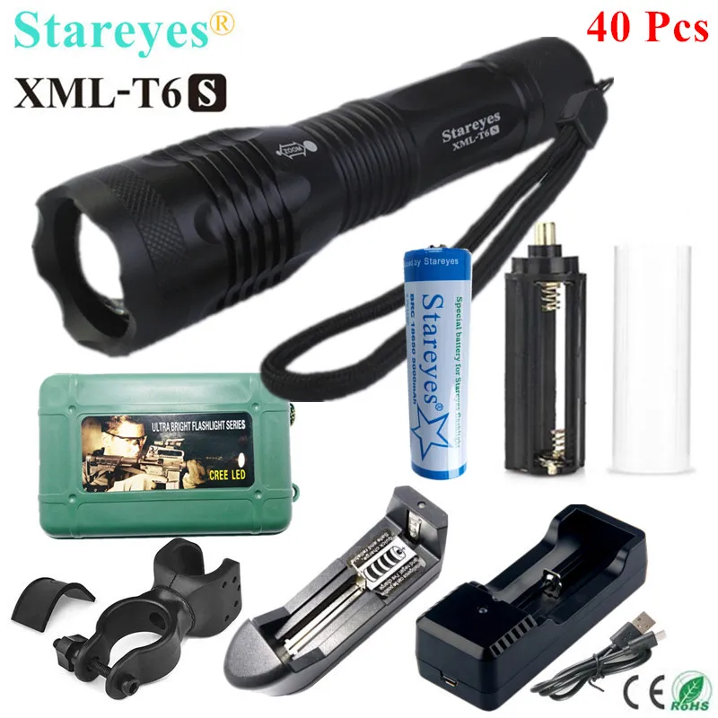 

Wholesale 40 Pcs Latest version Ultra Bright XML-T6S 4000LM LED Torch Zoomable Flashlight 18650 Rechargeable battery Charger