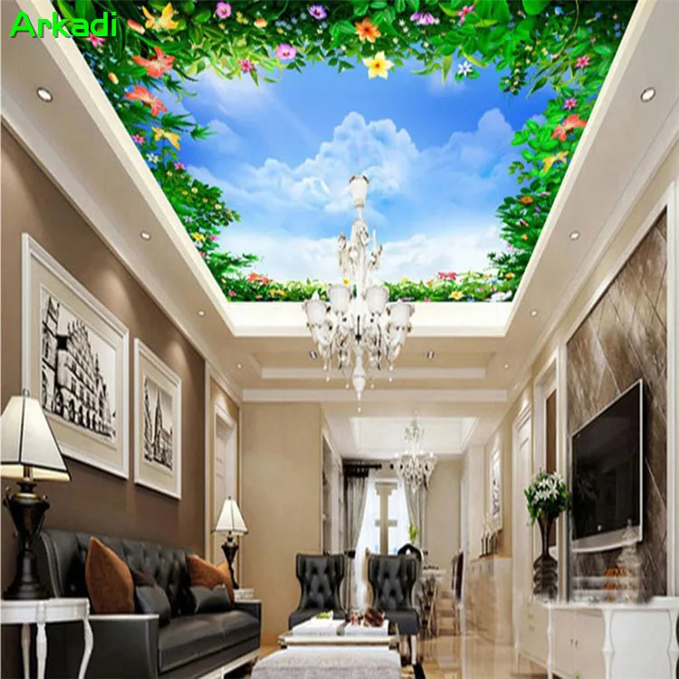 

3d custom three-dimensional wallpaper blue sky clouds sky landscape wallpaper living room bedroom ceiling ceiling green leaves