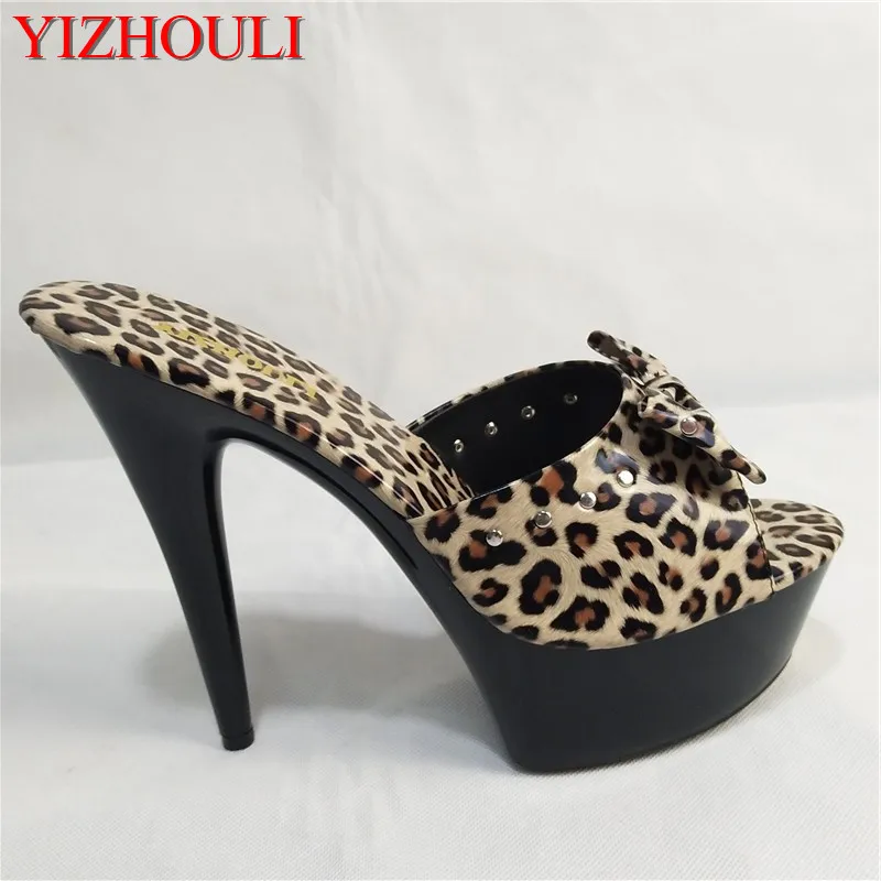 15cm high heels, bowknot decoration, banquet slippers on stage, leopard print PU materials, sexy slippers