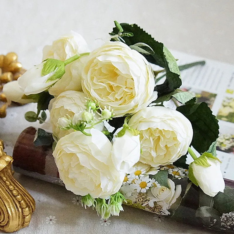 YO CHO 5 Heads Roses Artificial Flowers White Peonies Pink Silk Flowers Fake Roses Peony Bouquet Wedding Decor for Home Flowers