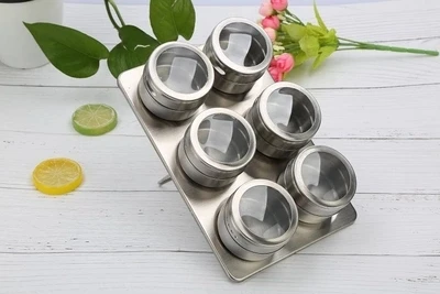 High Quality Magnetic Dustproof Visible Stainless Steel Seasoning Jar Cruet Camping Outdoor Barbecue 6 Flavor Seasoning Box