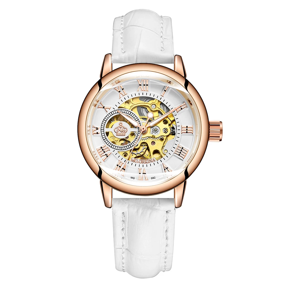 ORKINA Fashion Lady Watch Leather Strap Rose Gold Skeleton Luxury Female Wear Mechanical Dress Wristwatches Clock Relogio