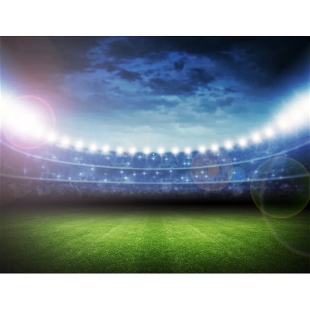 

Football Stadium Photography Backdrop Printed Blue Sky Green Lawn Light Spots Children Sports Match Photo Background for Studio