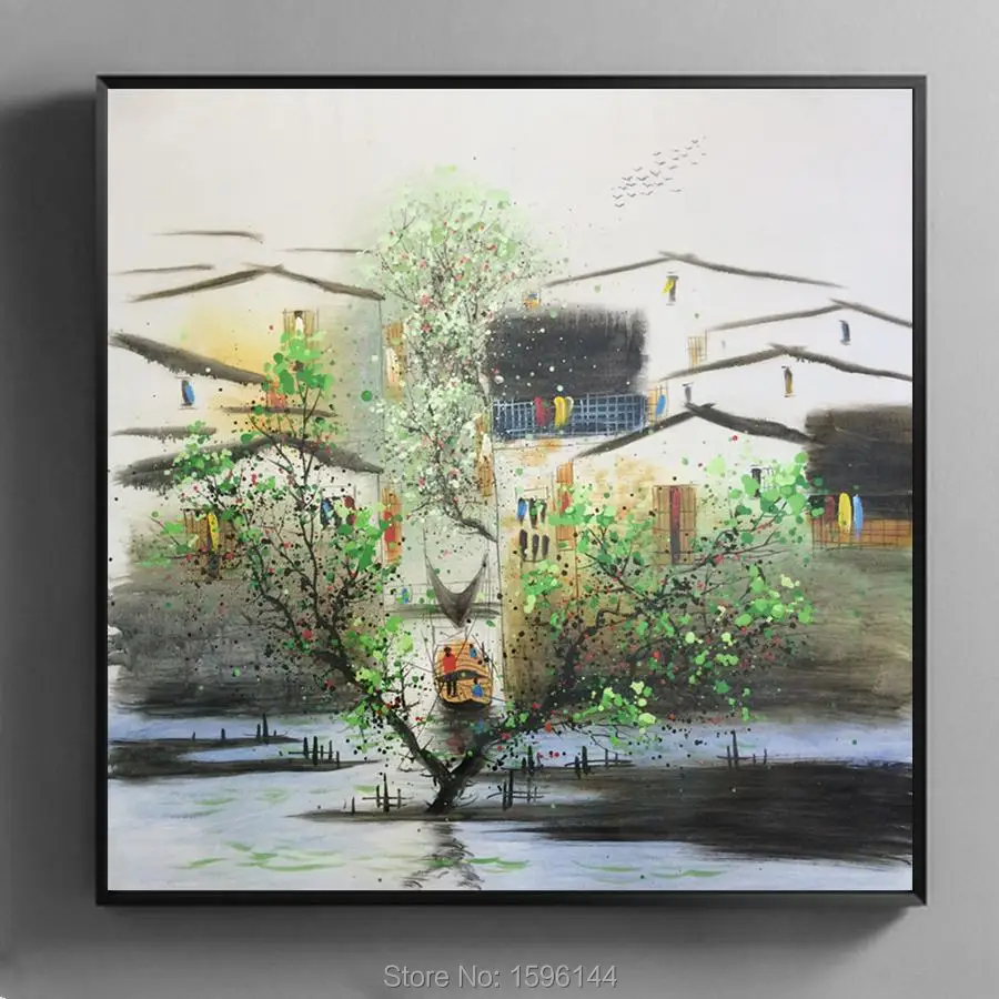 

Oil Painting Canvas Hand painted Abstract Chinese Landscape four seasons Wuzhen Water Villag Wall art Picture Modern Paintings