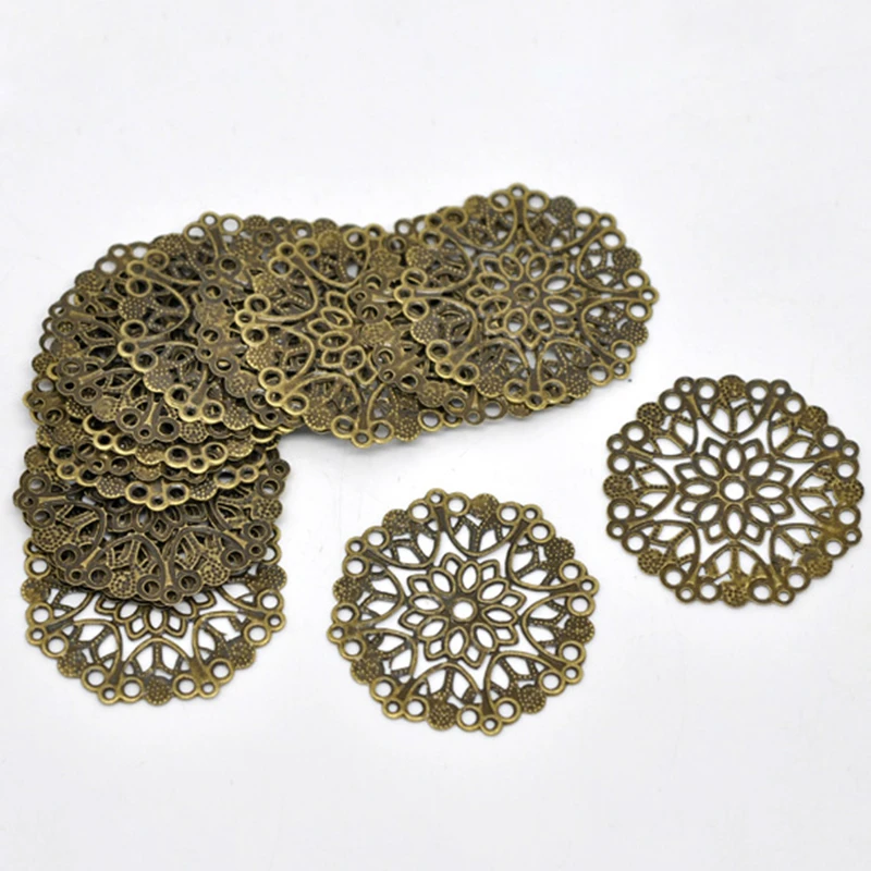 Doreen Box Filig123 Flower Wraps Connecteurs, Alliage de fer, Bronze Tone Document, DIY Jewelry Executive Findings, 35mm, Trou 1mm, 50 PCs