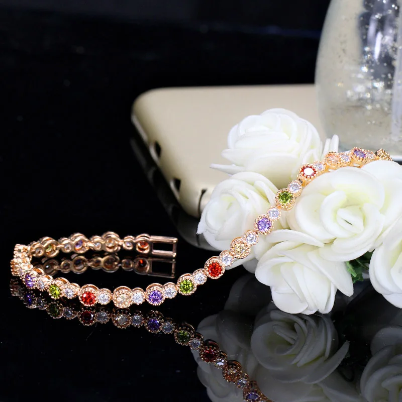 Pera Fashion Ladies Milticolor Paved Connected Round CZ Stone Rose Gold Color Tennis Bracelets for Bridesmaid Jewelry Gift B129