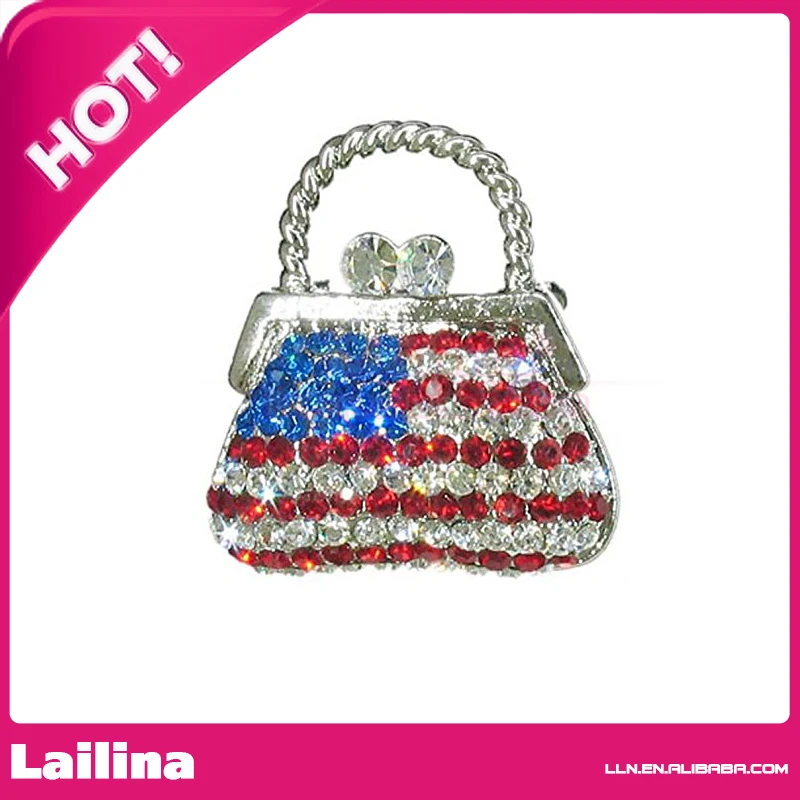 

Fashion 100pcs/lot 40mm USA Flag Purse Rhinestone Brooch Vintage American Independence Day Fourth of July Pin