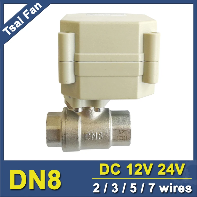 

Tsai Fan DC12V DC24V BSP/NPT 1/4'' Electric Water Valve 2/3/5/7 Wires Stainless Steel DN8 Motorized Valve Metal Gears CE IP67