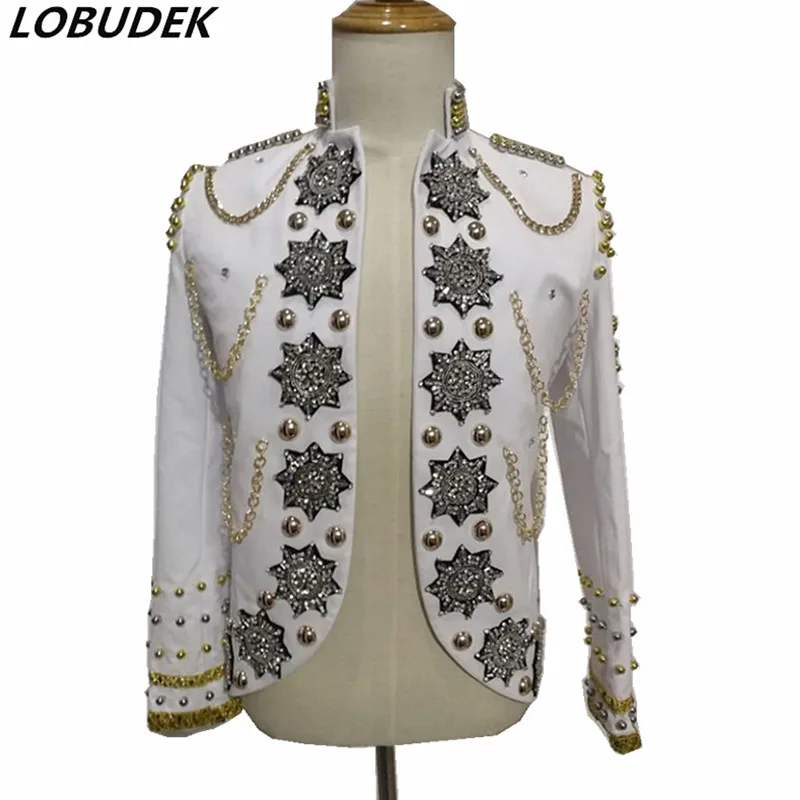 Shining Rhinestones Beading Jacket Crystals Coat Tide Male Punk Singer Stage Costume Star Vocal Concert Rock Host Show Outerwear