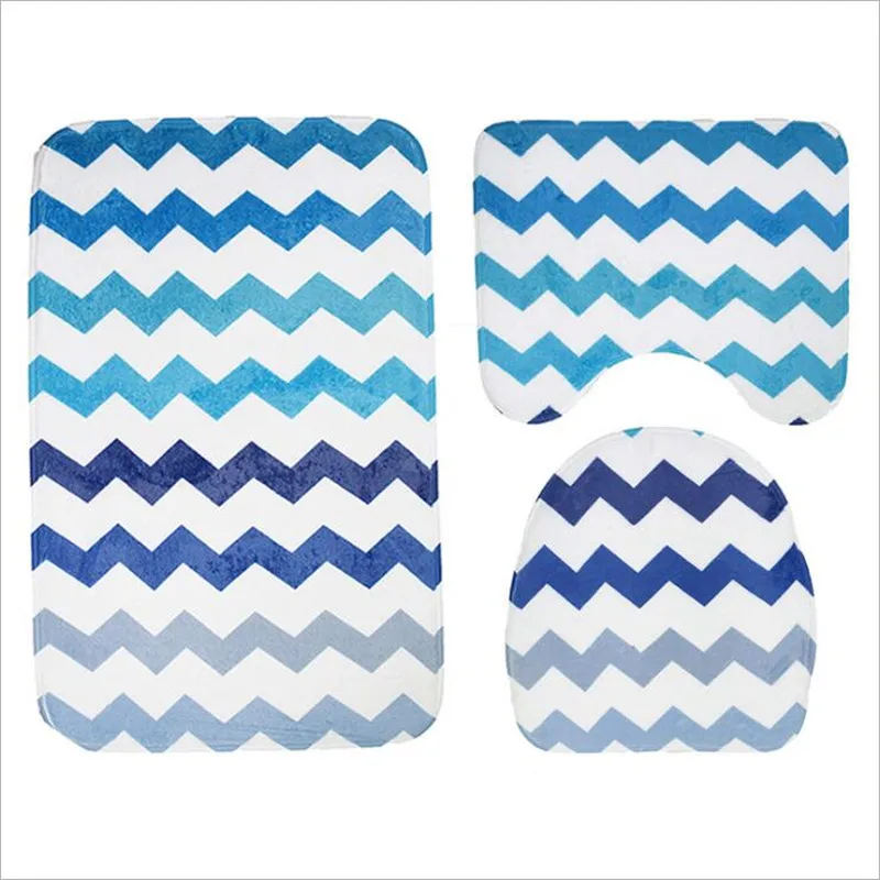 3PCS Flannel Toilet Floor Mat Set Anti-Slip Bathroom Carpet with Wave Pattern printing Toilet Cover and floor Rugs set