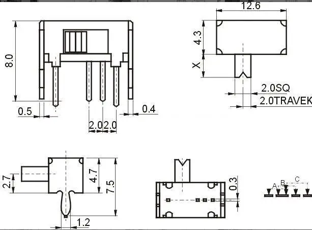 20PCS DC 50V 0.5A 4 Pin PCB 3 Position SP3T 1P3T Mini Slide Switch Right Angle sk13d07vg4