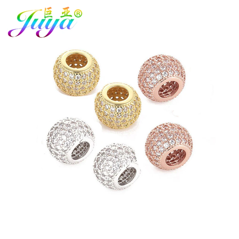 

Juya DIY Metal Beads Supplies Mirco Pave Zircon Large Hole Round Charm Beads Fit Women Handmade Beadwork Charms Jewelry Making