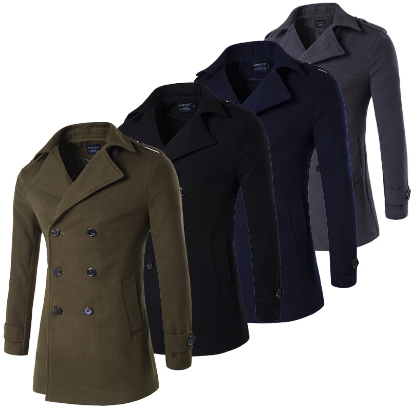 

Grey Navy Black Male Pea Coat Men Double Breasted Military Winter Trench Coat Long Peacoat Men Plus Size 4XL