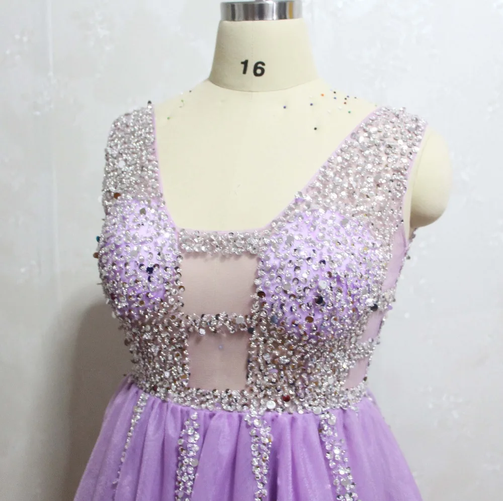 2019 Sexy Vestidos De Fiesta Mergulhando V Neck Frisada Cristais Illusion Mangas UMA Linha Lavanda Vestidos De Noite