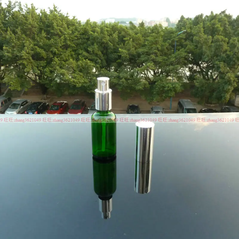 

50pcs 30ml green Glass perfume Bottle With aluminum shiny silver mist sprayer. 1 ounce perfume atomizer bottle container