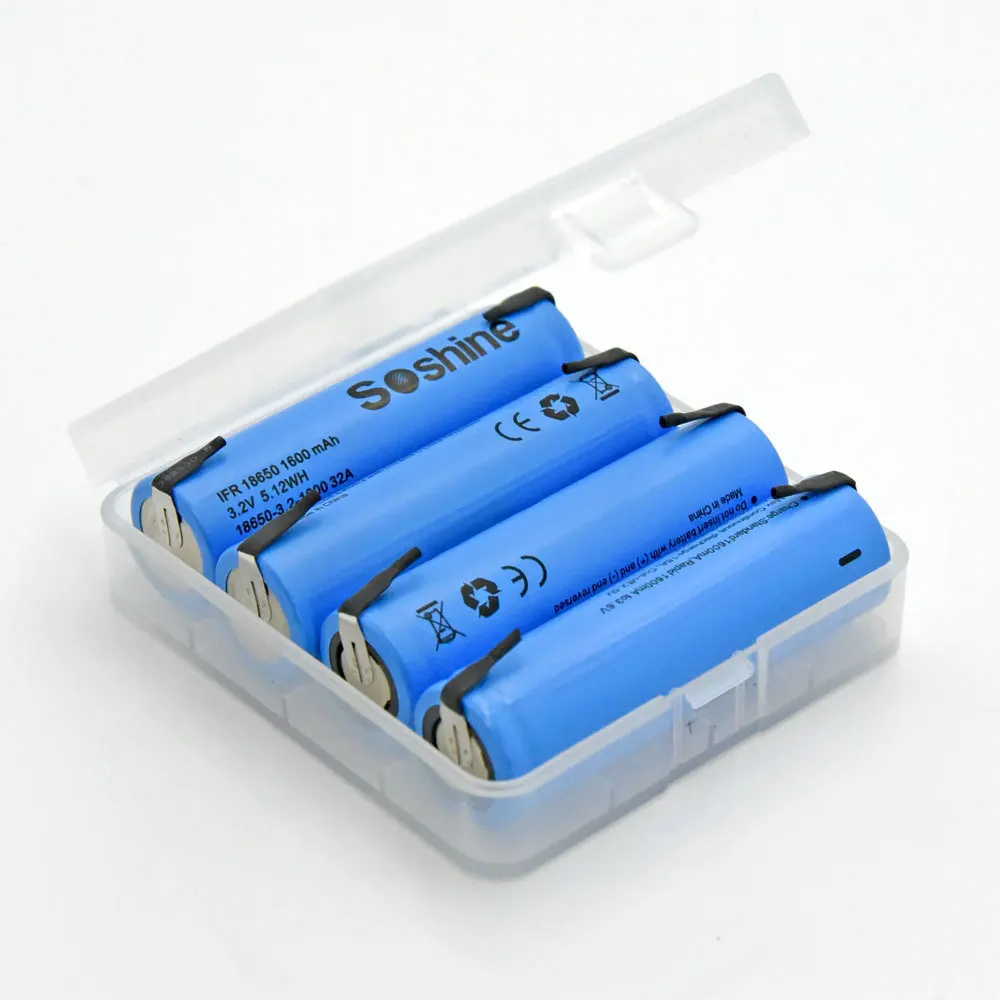 4pcs Soshine LiFePO4 18650 3.2V 1600mAh Rechargeable Battery with tab