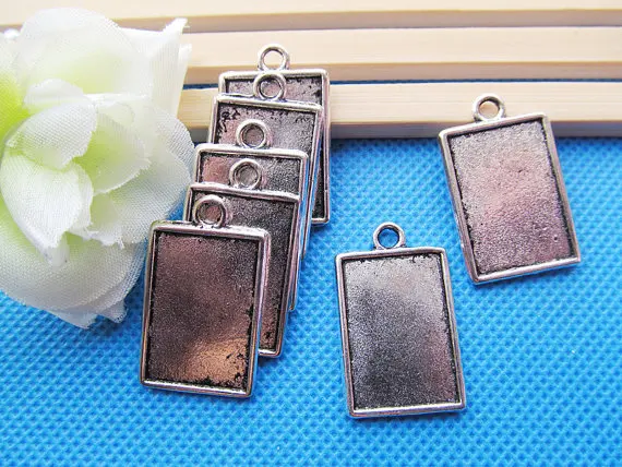 

10pcs Antique Silver tone Rectangle Base Setting Tray Bezel Pendant Charm/Finding,fit 15mmx22mm Cabochon/Cameo,Double Same Side